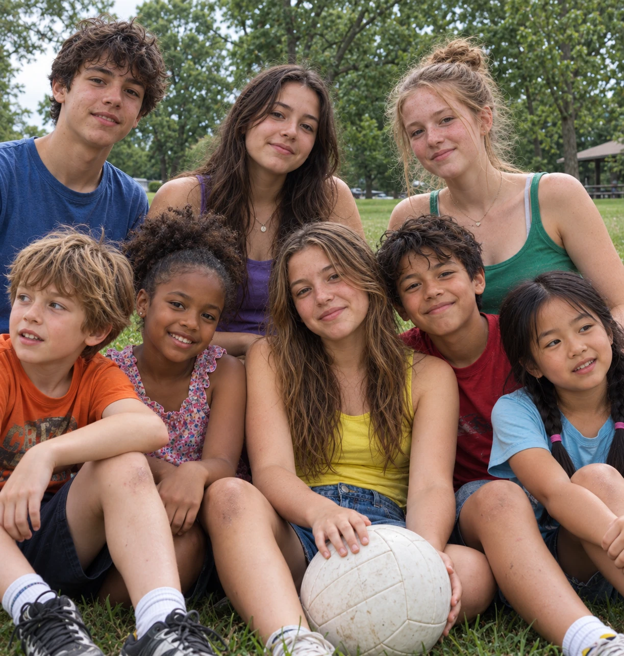 Groupe d'enfants et d'adolescents souriants assis dans l'herbe d'un parc